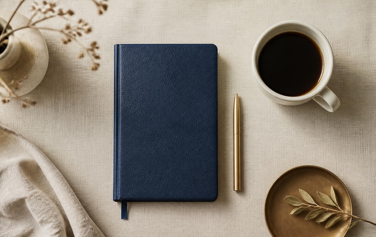 Minimalistisk still life med anteckningsbok, penna och kaffe